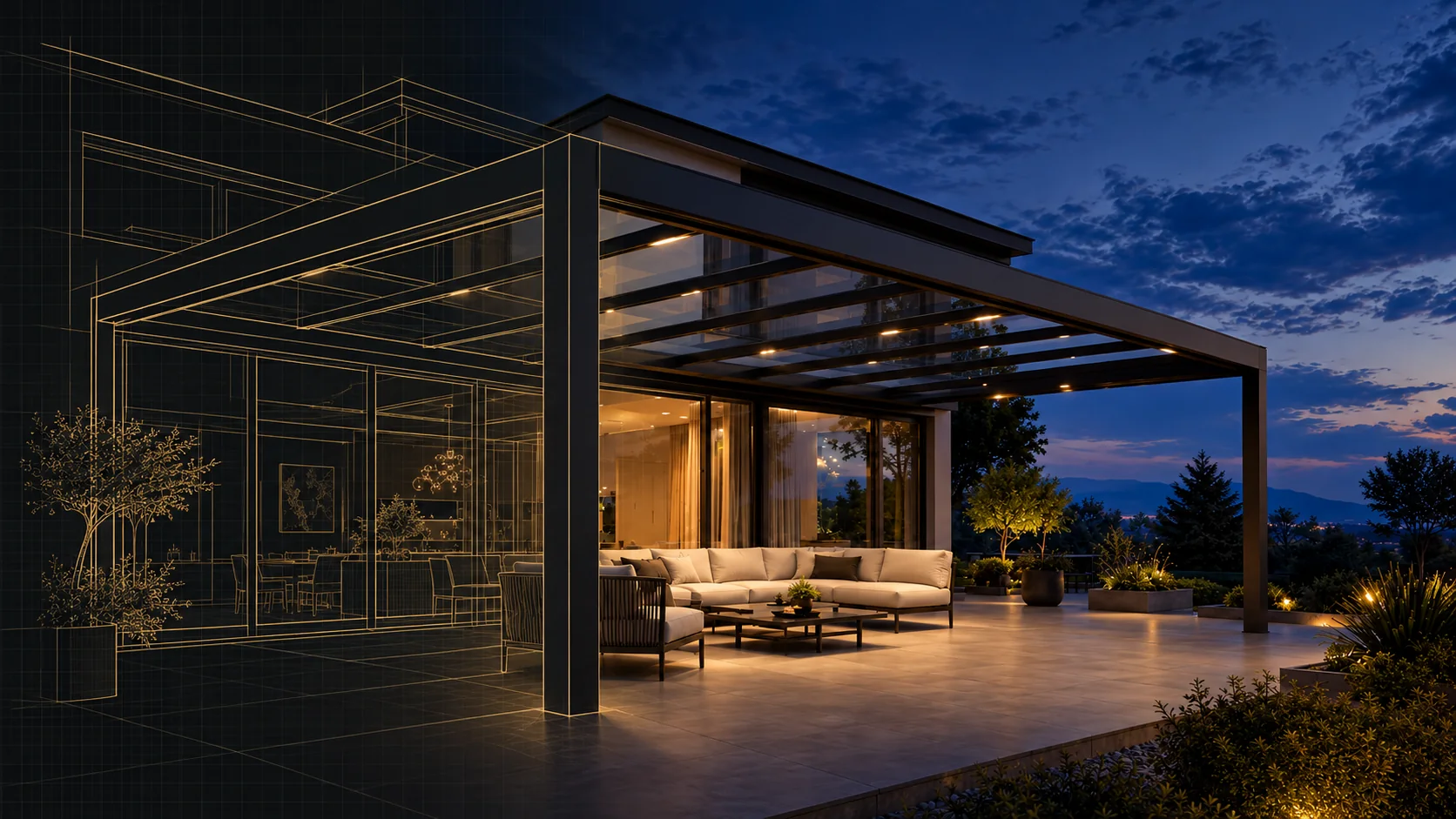 Terrassenüberdachung als Kombination aus Architekturzeichnung und fertiger Terrasse