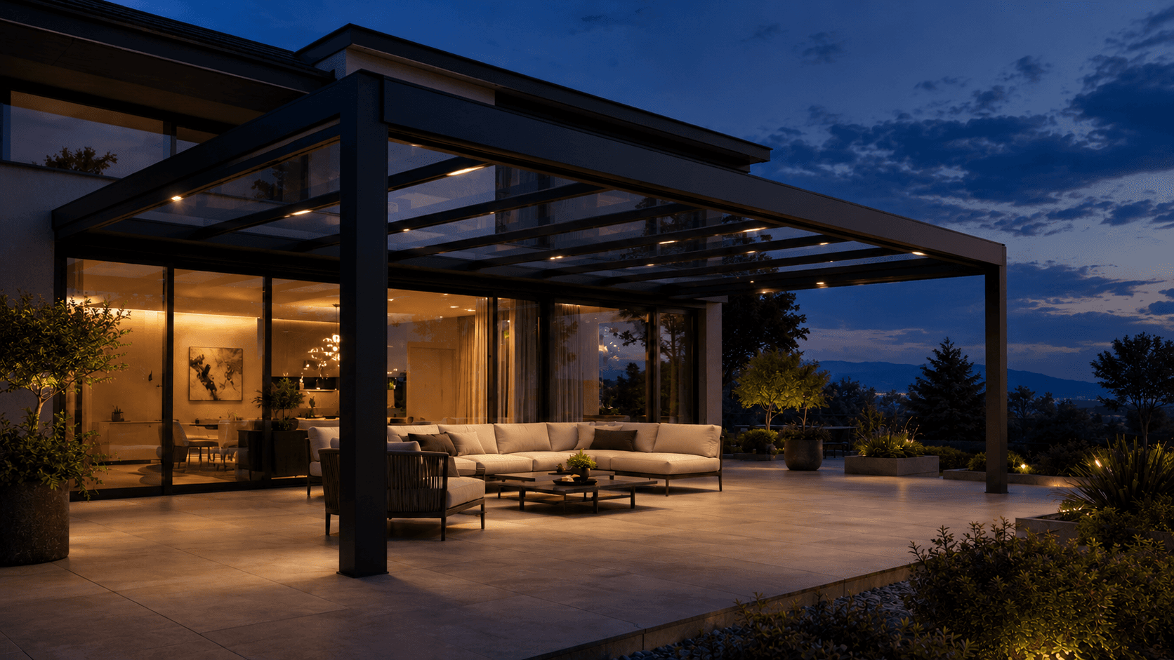 Terrasse am Abend mit warmer LED-Beleuchtung