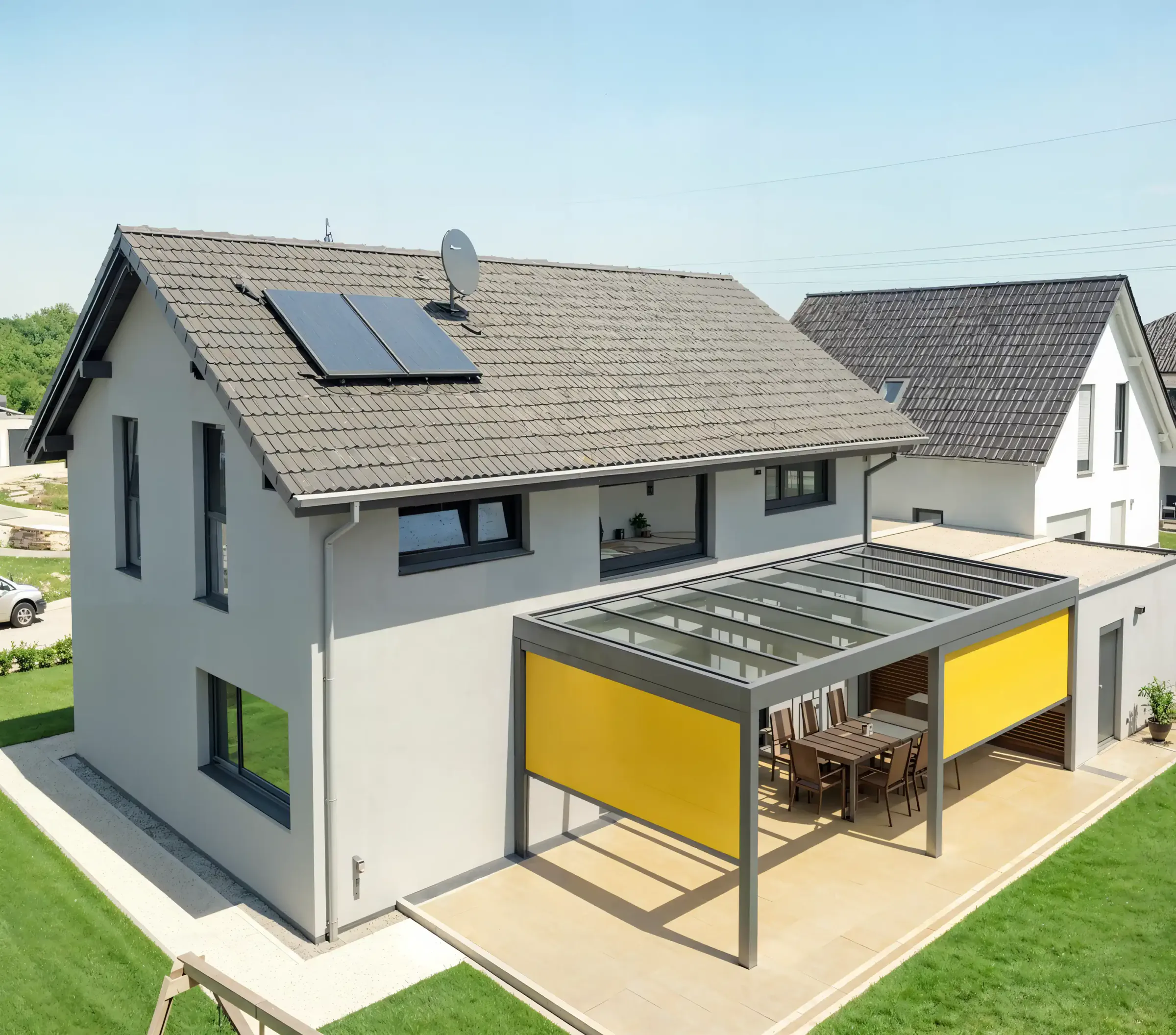 Senkrechtmarkise an einer Terrassenüberdachung